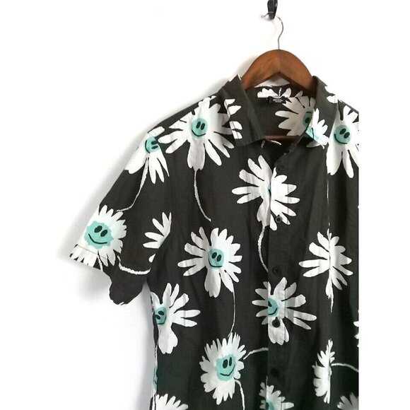 Neff Shirt Men's Size M Gray Dark Green Button Down Smiley Face Emoji Flower - Picture 7 of 12